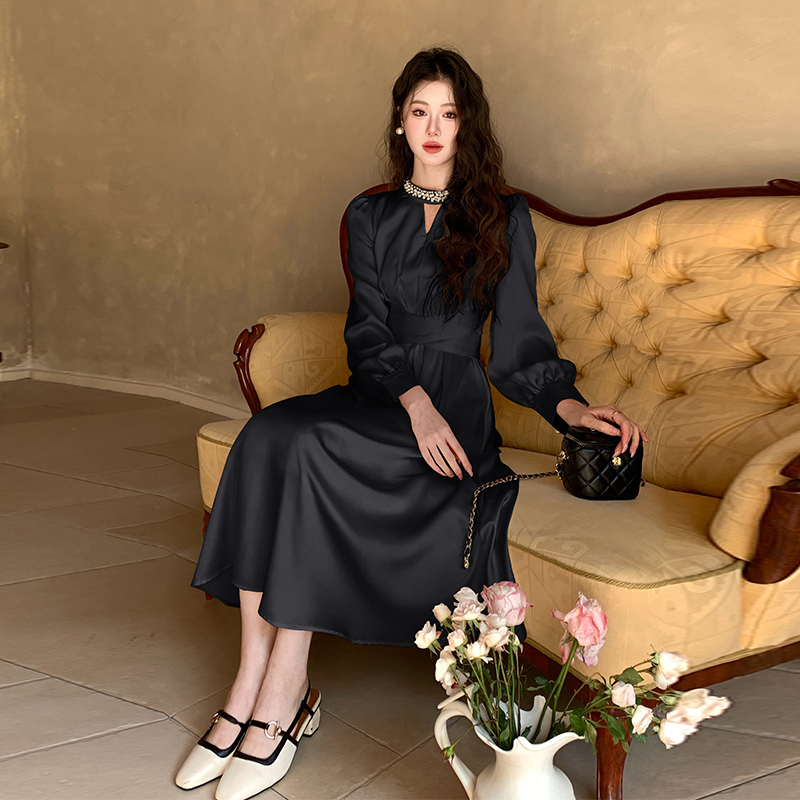 Pinched waist satin long dress long sleeve dress