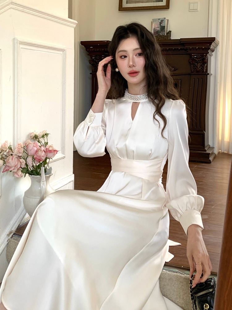 Pinched waist satin long dress long sleeve dress