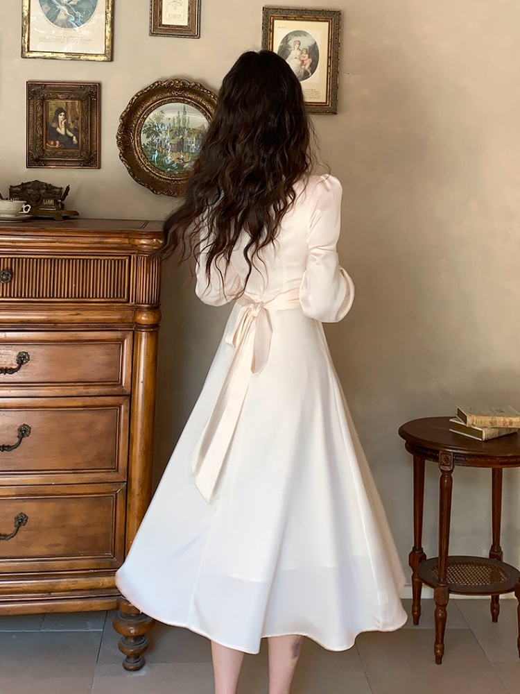 Pinched waist satin long dress long sleeve dress