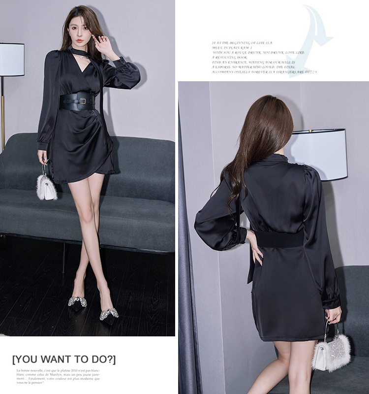 Queen streamer black silk shirt halter with belt dress