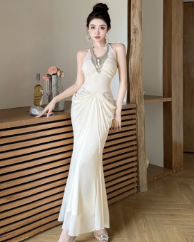 Small fold beading splice dress lace halter long dress