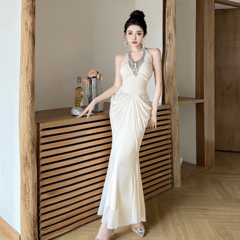 Small fold beading splice dress lace halter long dress