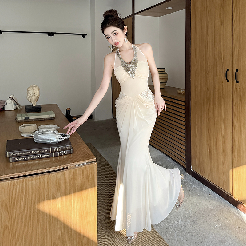 Small fold beading splice dress lace halter long dress