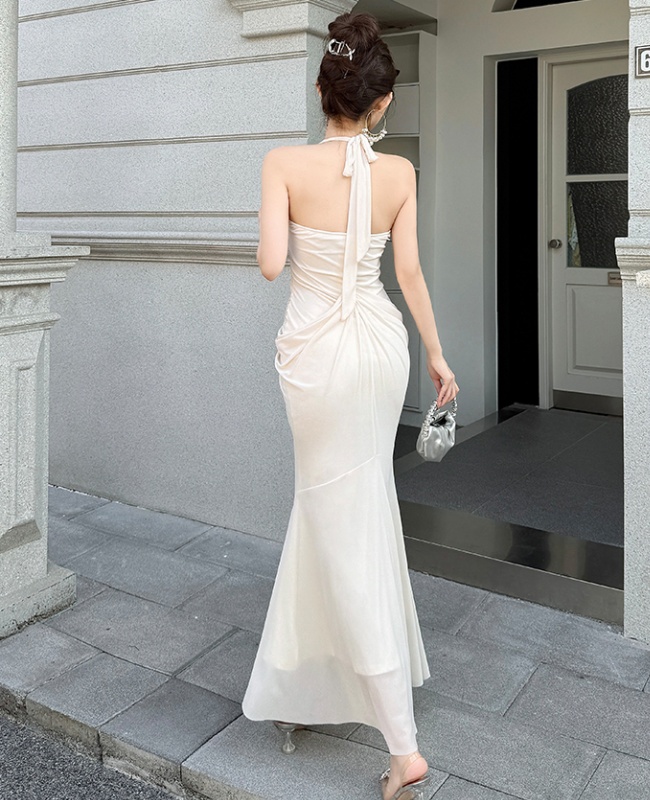 Small fold beading splice dress lace halter long dress