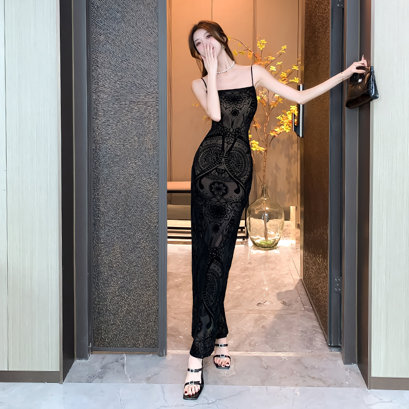 Printing shoulder strap gauze detachable flocking dress