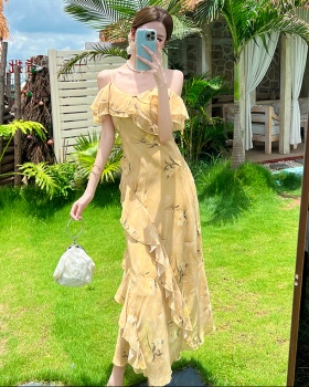 Floral seaside strapless long dress sling pinched waist dress