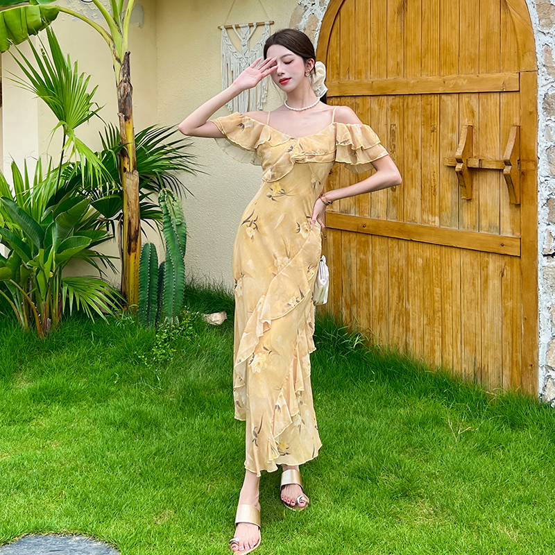 Floral seaside strapless long dress sling pinched waist dress