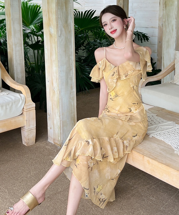 Floral seaside strapless long dress sling pinched waist dress