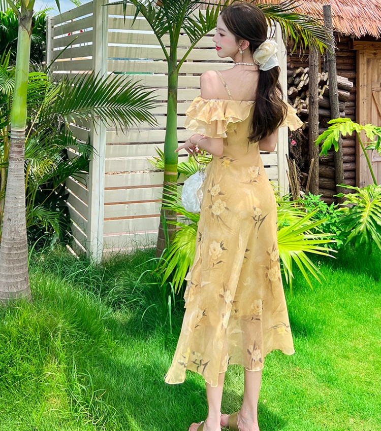 Floral seaside strapless long dress sling pinched waist dress