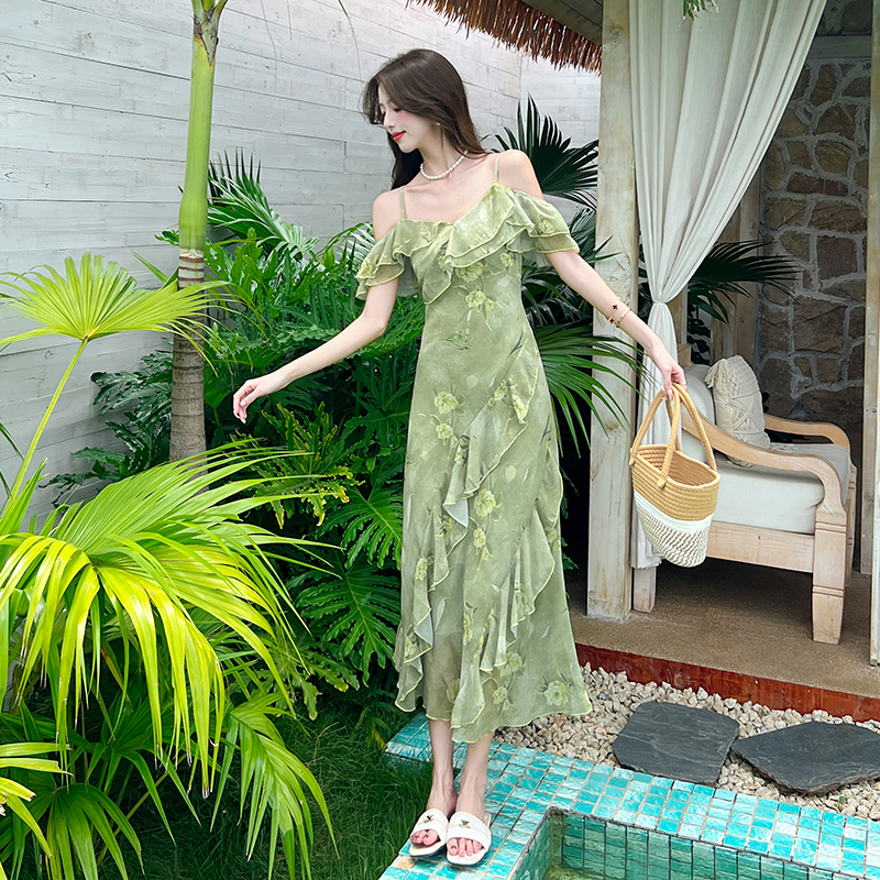 Floral seaside strapless long dress sling pinched waist dress