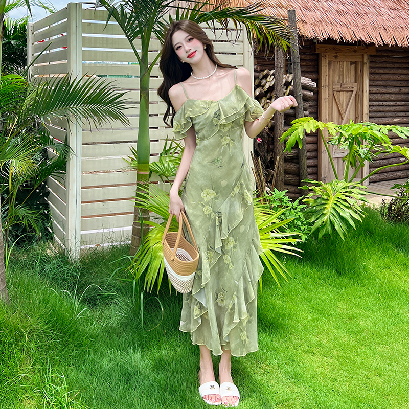 Floral seaside strapless long dress sling pinched waist dress