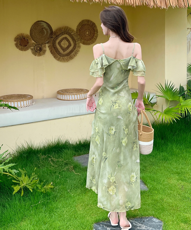 Floral seaside strapless long dress sling pinched waist dress