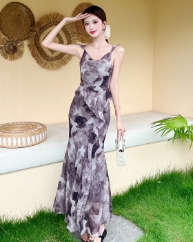 Pinched waist temperament long dress pink dress for women