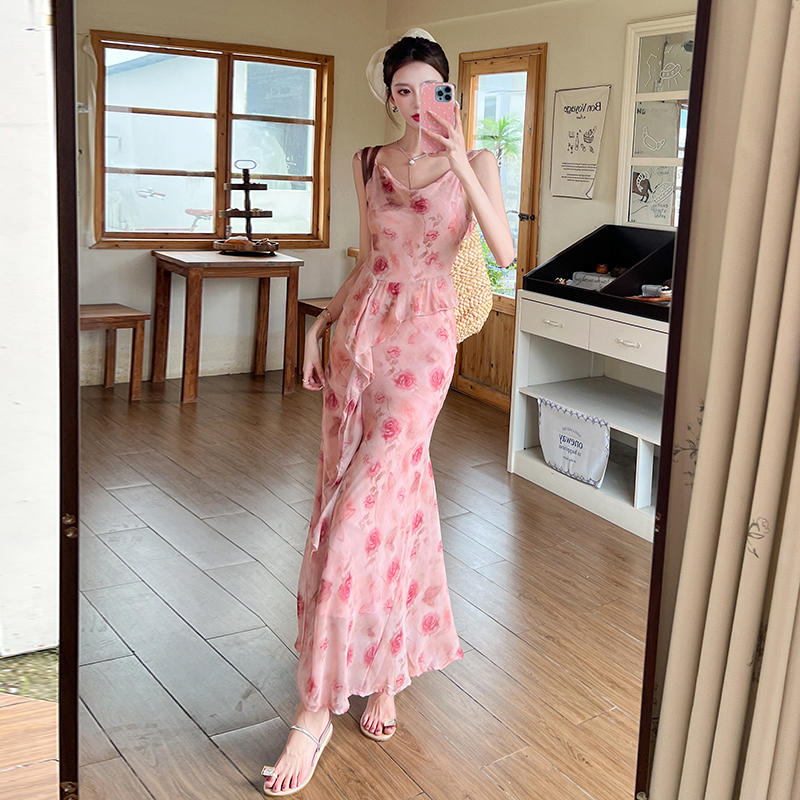 Pinched waist temperament long dress pink dress for women