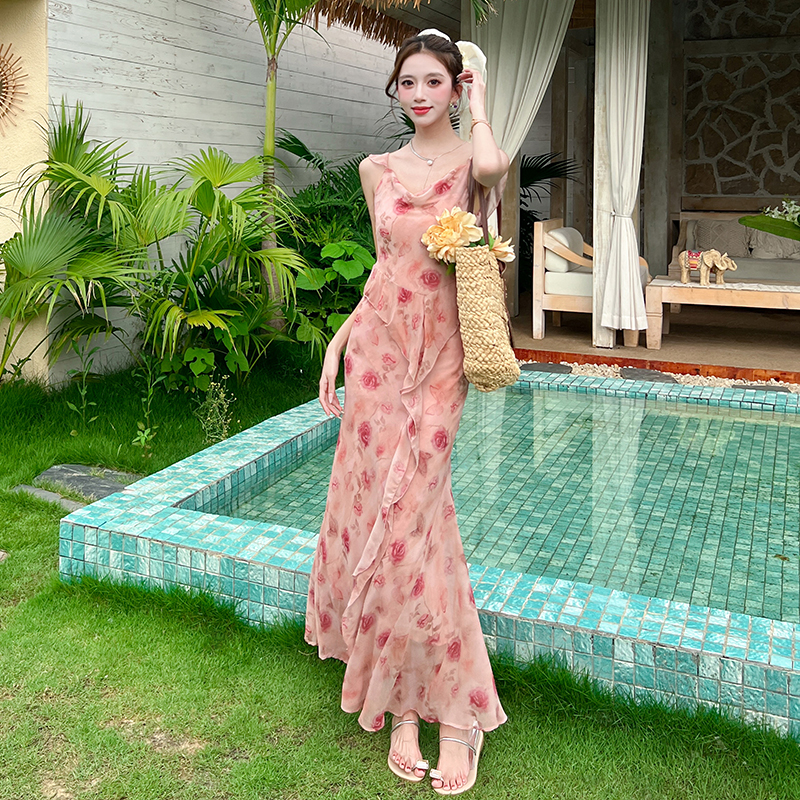 Pinched waist temperament long dress pink dress for women