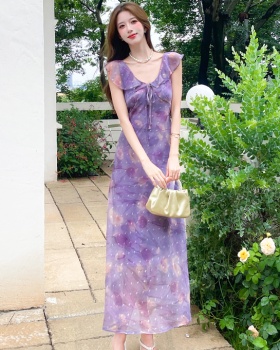 France style lotus leaf edges dress V-neck long dress for women