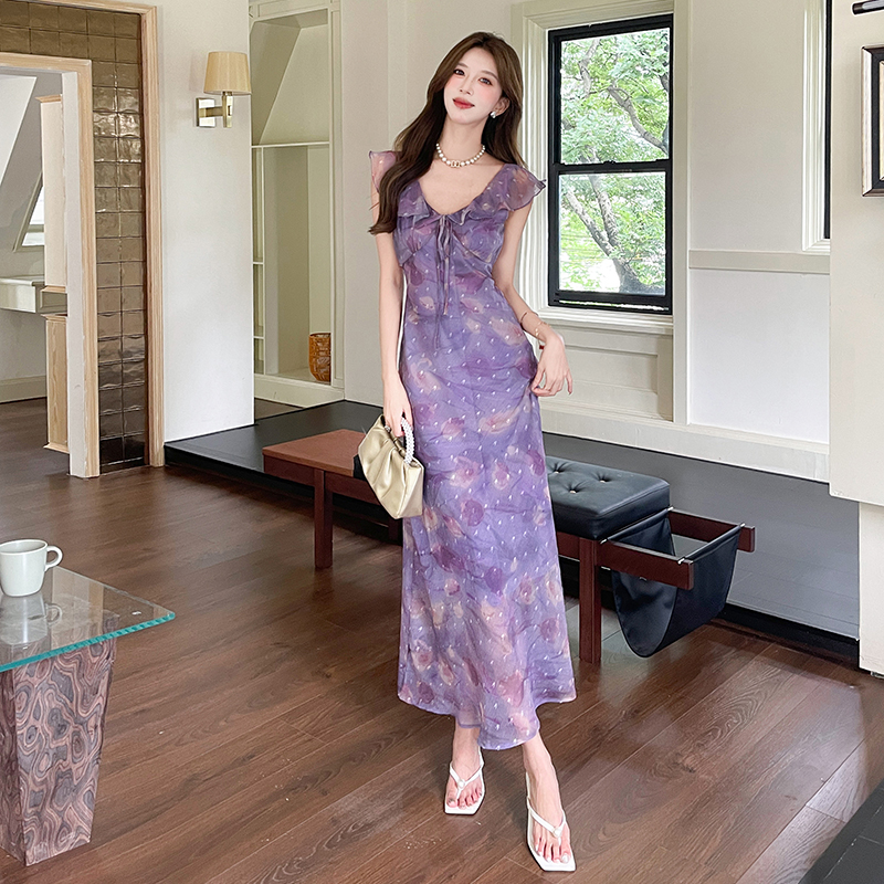 France style lotus leaf edges dress V-neck long dress for women