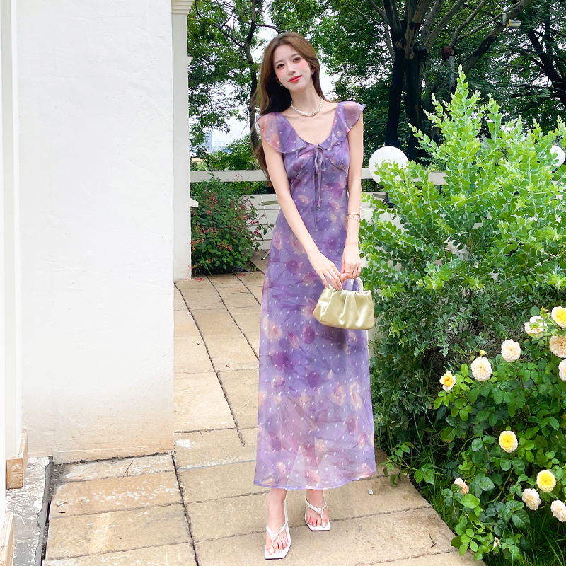 France style lotus leaf edges dress V-neck long dress for women