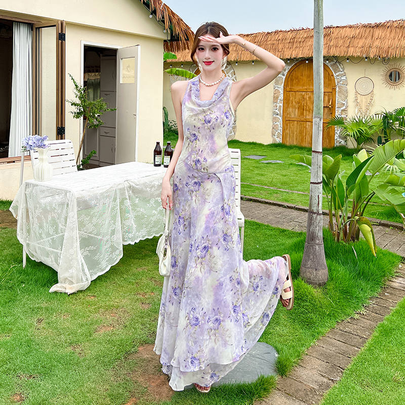 Sleeveless dress vacation long dress 2pcs set for women