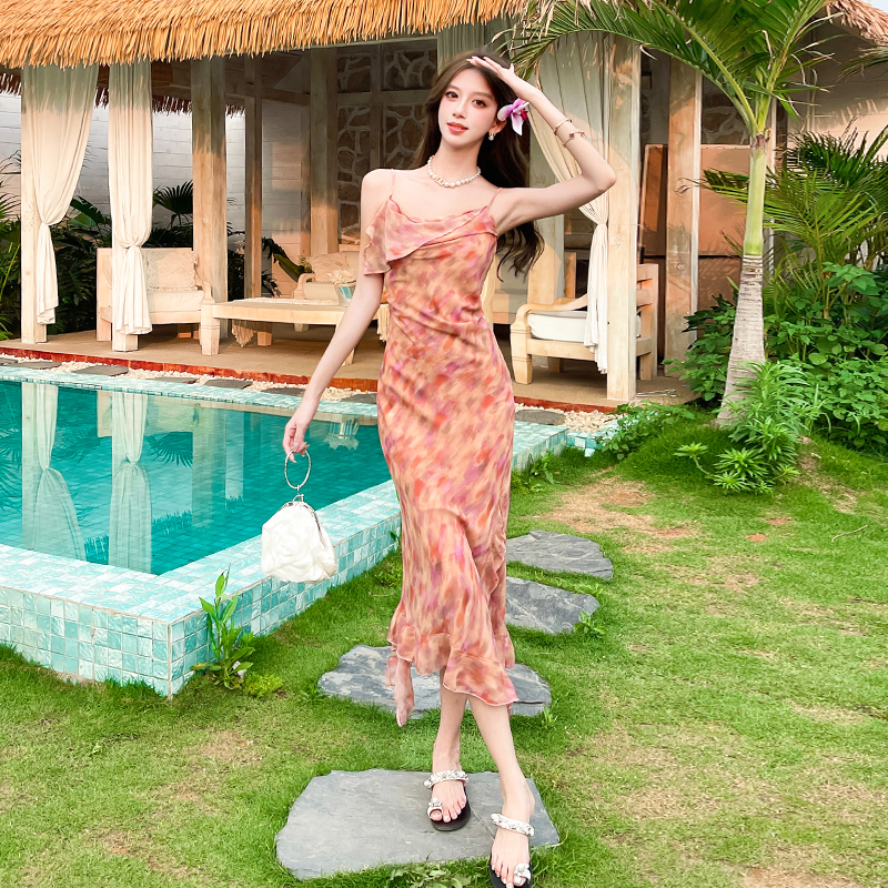 Sling lotus leaf edges long dress floral split dress