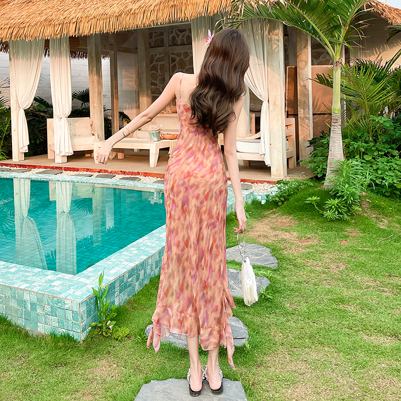 Sling lotus leaf edges long dress floral split dress