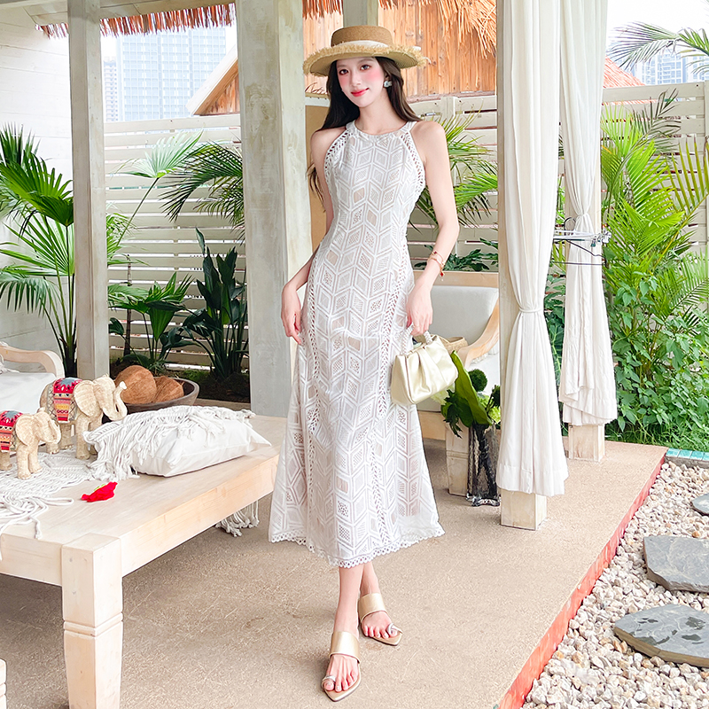 Spring and summer irregular ribbon fashion halter dress