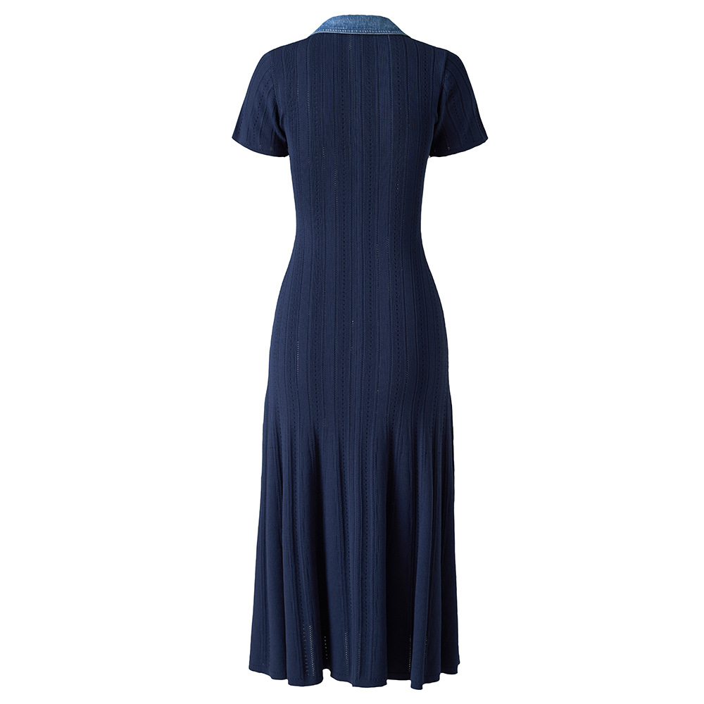 A-line denim split long dress V-neck knitted dress