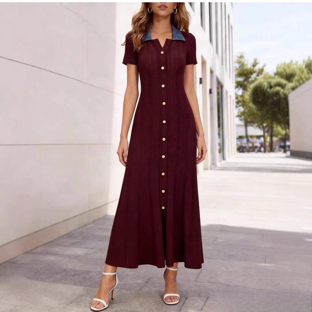 A-line denim split long dress V-neck knitted dress