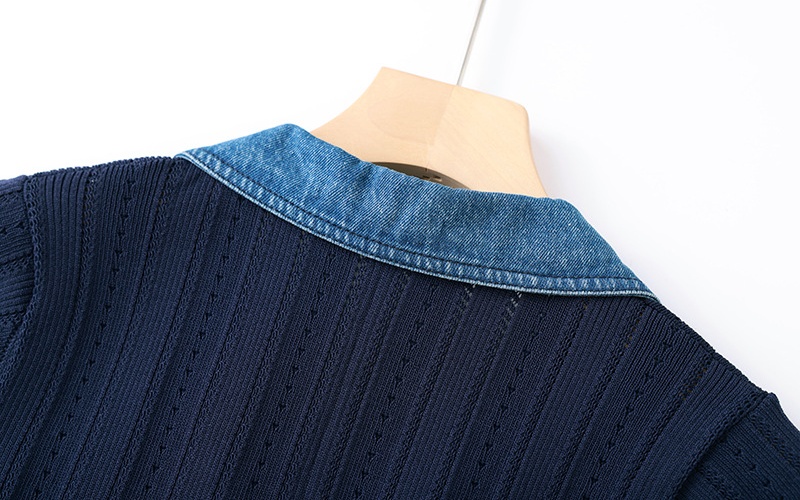 A-line denim split long dress V-neck knitted dress