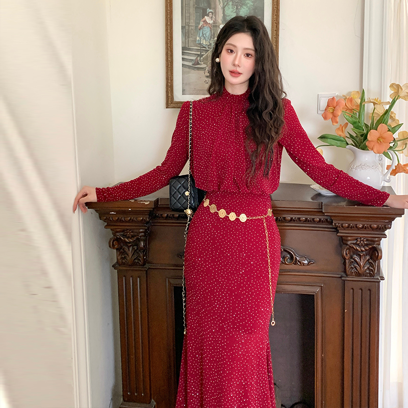 Spring with belt temperament fashion mermaid dress