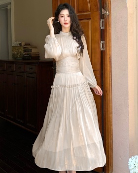 Cstand collar puff sleeve pinched waist long dress