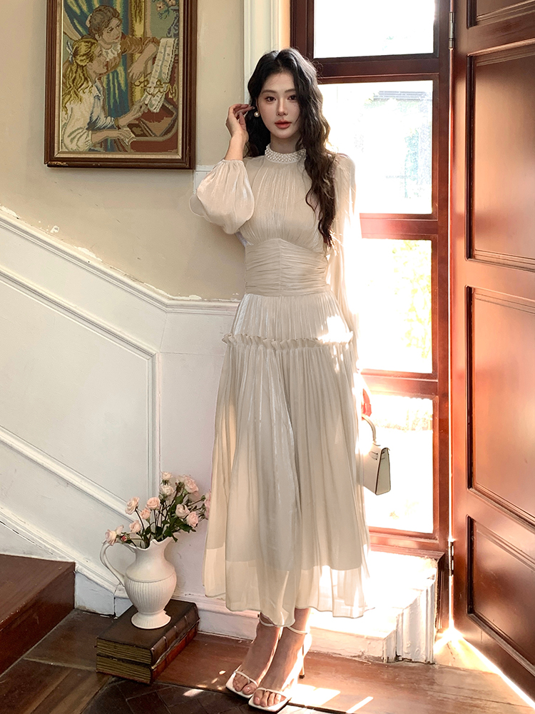 Cstand collar puff sleeve pinched waist long dress