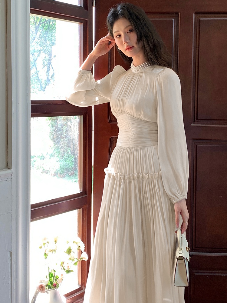 Cstand collar puff sleeve pinched waist long dress