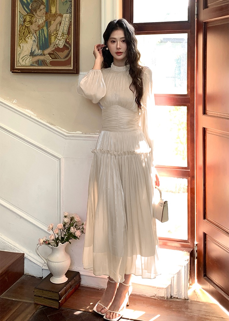 Cstand collar puff sleeve pinched waist long dress