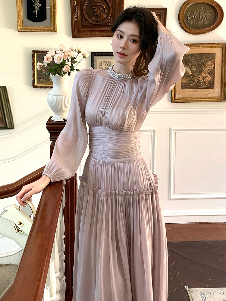 Cstand collar puff sleeve pinched waist long dress