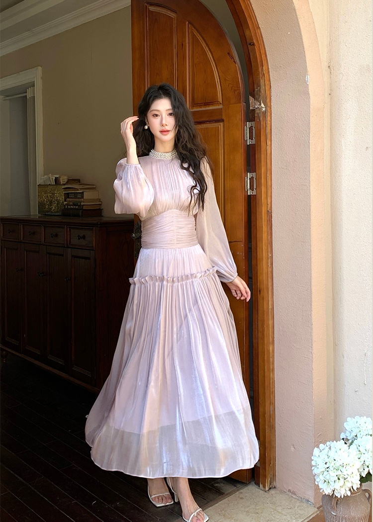 Cstand collar puff sleeve pinched waist long dress