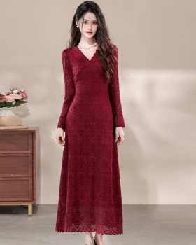 Lace V-neck dress France style retro long dress