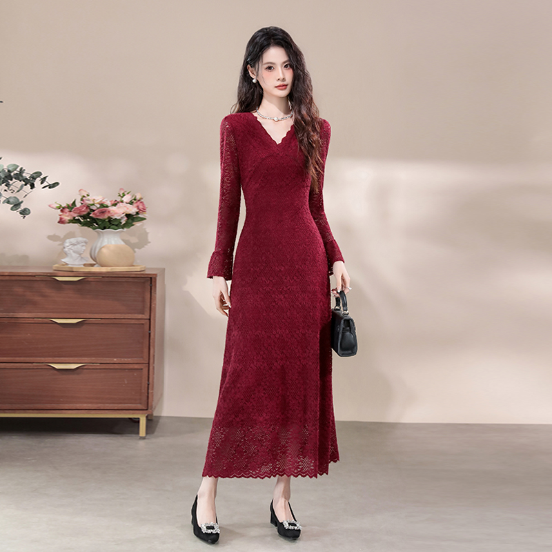 Lace V-neck dress France style retro long dress