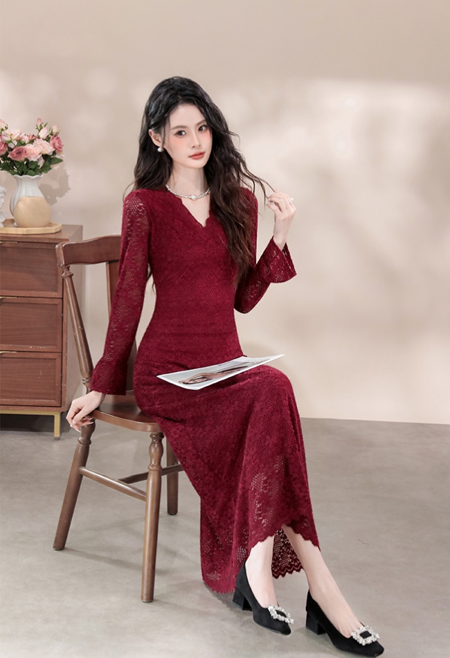 Lace V-neck dress France style retro long dress