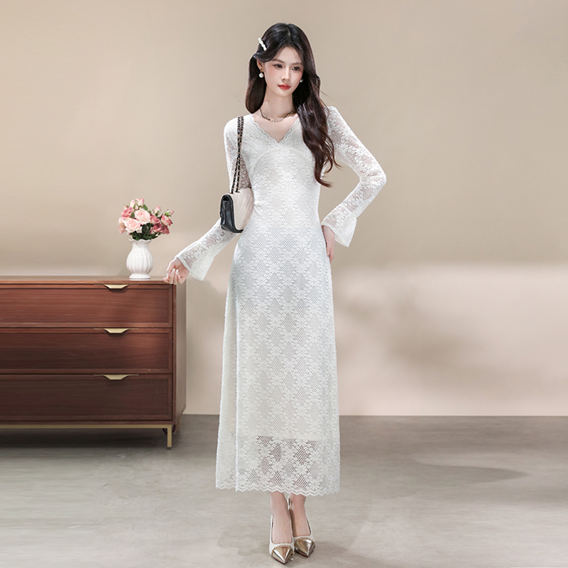 Lace V-neck dress France style retro long dress