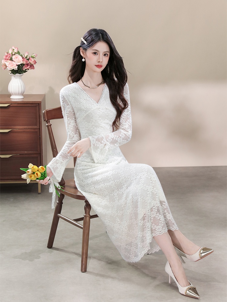 Lace V-neck dress France style retro long dress