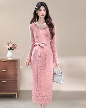 Rhinestone dress pinched waist long dress for women