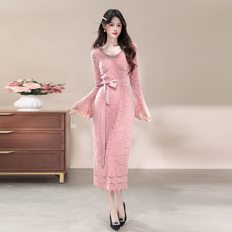 Rhinestone dress pinched waist long dress for women