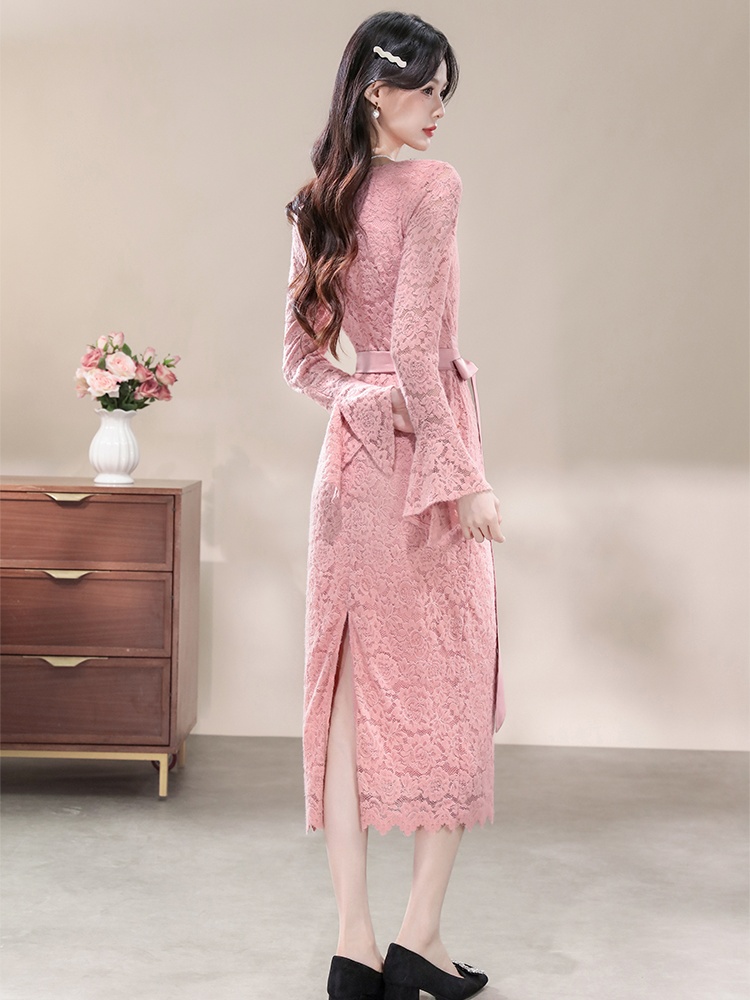 Rhinestone dress pinched waist long dress for women