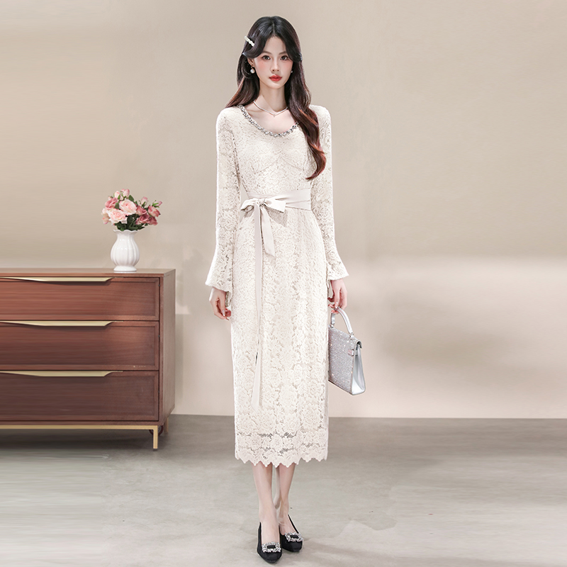 Rhinestone dress pinched waist long dress for women