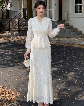 Embroidery lace tops hollow skirt 2pcs set