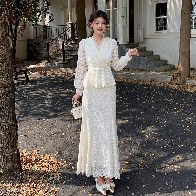 Embroidery lace tops hollow skirt 2pcs set