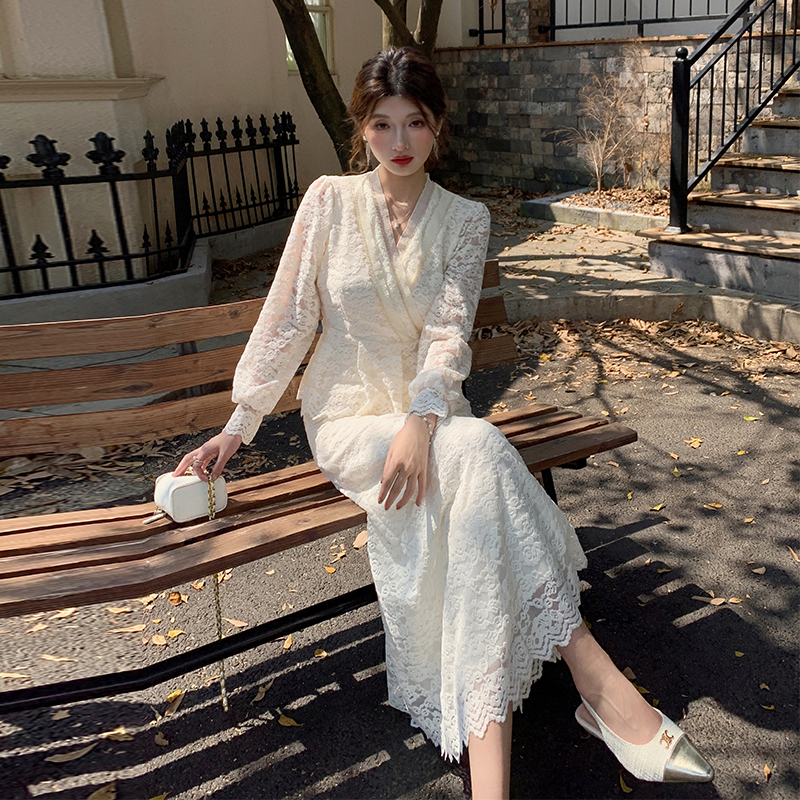 Embroidery lace tops hollow skirt 2pcs set