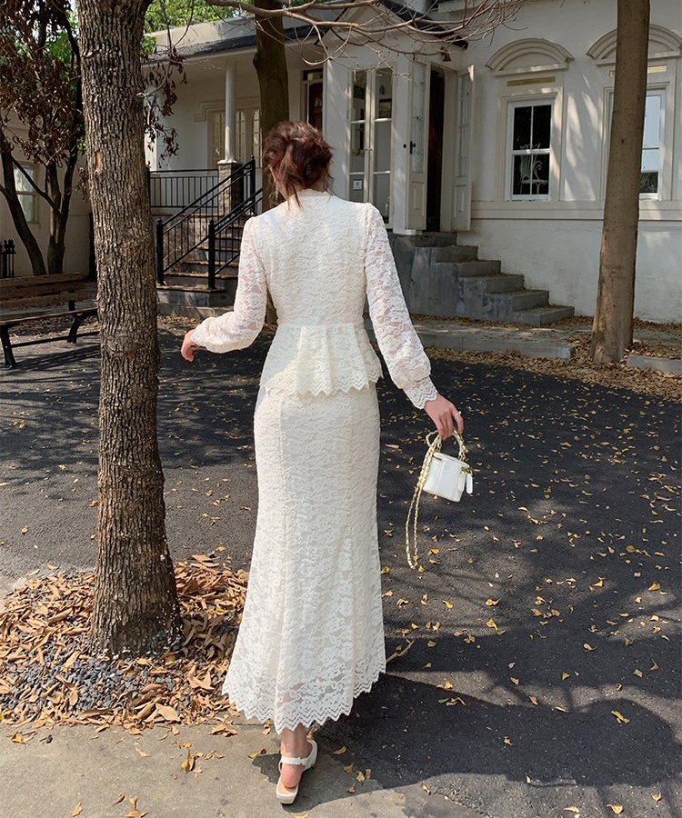 Embroidery lace tops hollow skirt 2pcs set