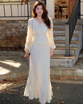 Rhinestone V-neck tops mermaid Korean style skirt a set